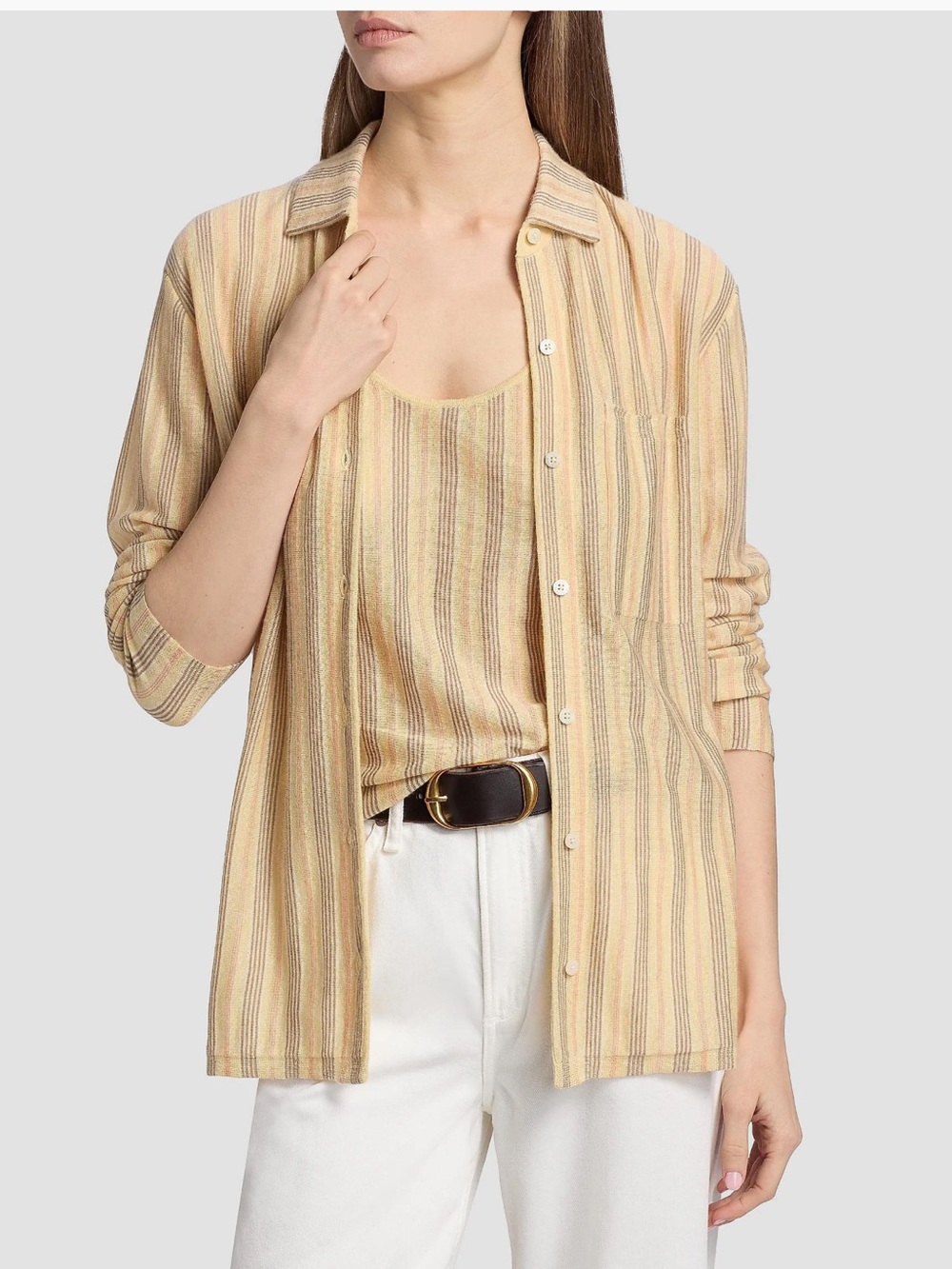 Striped Butter Combo Long-Sleeve Button Down Shirt